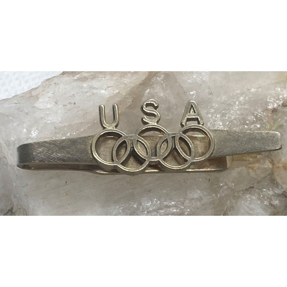 Vintage Dante USA Olympics Tie Bar Gold Tone Metal Retro Minimalist Mens